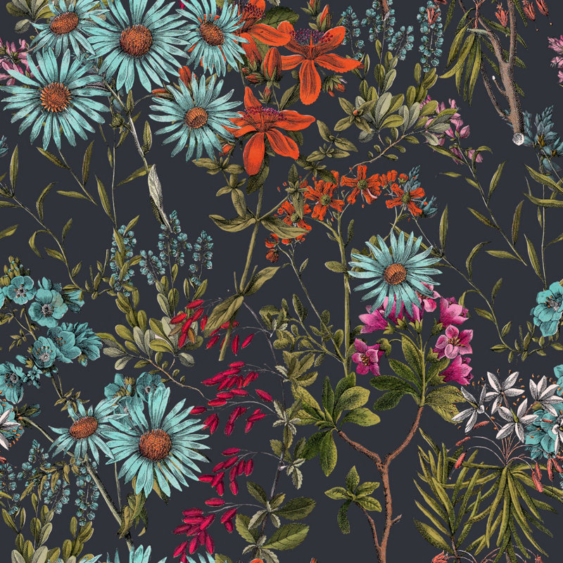 Hippie Spirit Floral Wallpaper Roll, Black/Green/Blue/Red