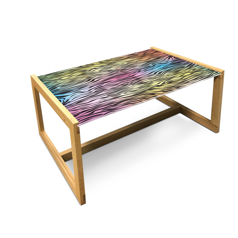 Zebra Print Coffee Table, Colorful Zebra Pattern Animal Wilderness Themed Art Print, Acrylic Glass Center Table With Wooden Frame For Offices Dorms Yellow Coral Pink