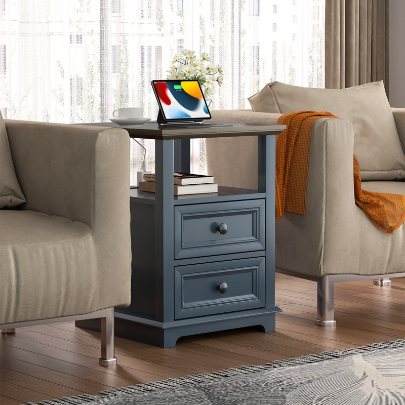 Azella Frame 2 End Table Set with Storage and Built-In Outlets, Brown Top/Blue Base