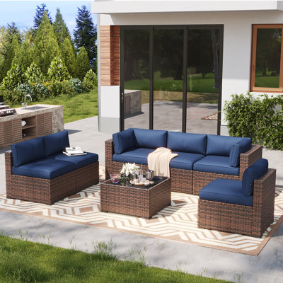 7-Piece Patio Furniture Set, Wicker Rattan Outdoor Furniture with Thick Cushions, Patio Conversation Sets with Coffee Table, Outdoor Sectional Couch Sofa