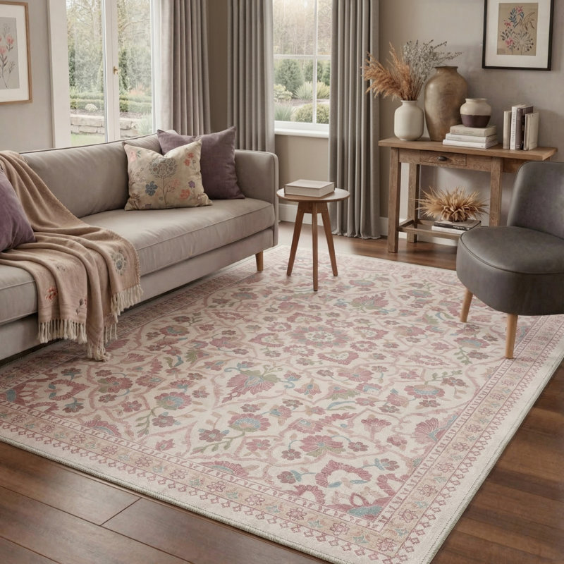 Aura Vintage Floral Machine Washable Pink Indoor Area Rug with Non-Slip Backing, Round 5'