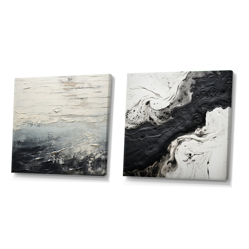 «Black and White Paint River», ensemble de 2 collages carrés à formes abstraites, Toile tendue, H 30 po x l 61 po