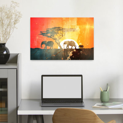 African Sunset Elephants Dramatic Peaceful Rustic Elephant Landscape Nature Wall Art Print 1 Piece Wrapped Canvas Wall Art
