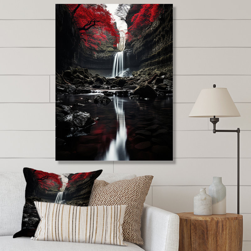Grey And Red Waterfall Of Eternity II - Landscapes Canvas Wall Art, Wrapped Canvas, 32" H x 16" W x 1" D