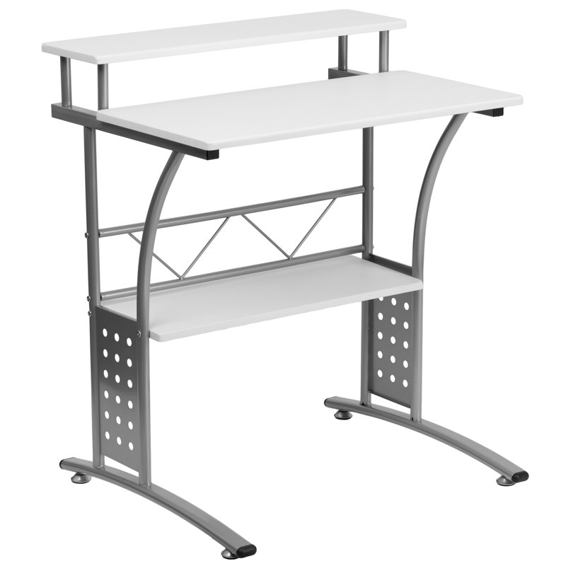 Computer Desk with Top and Lower Storage Shelves, White/Black