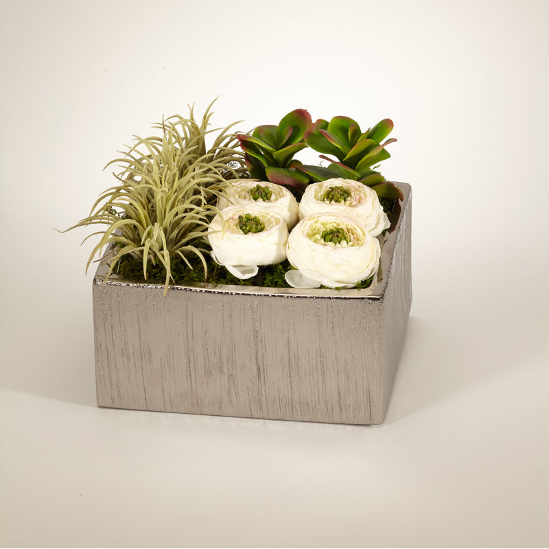 Geometric Cabbage Roses Floral Arrangement in Planter, Cream
