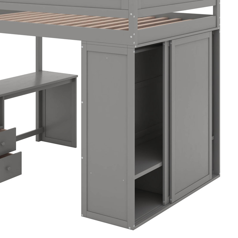 Lit mezzanine double avec placards et bureau, Gris