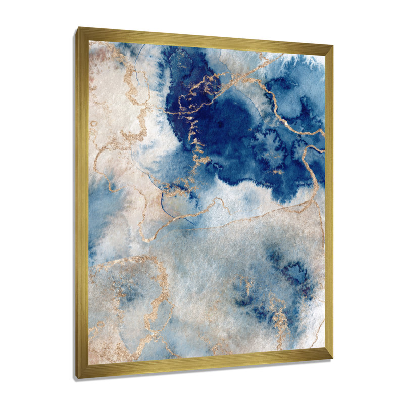 Blue And Gold Marble Clouds III - Print on Canvas, Framed Print, 20" H x 12" W, Gold