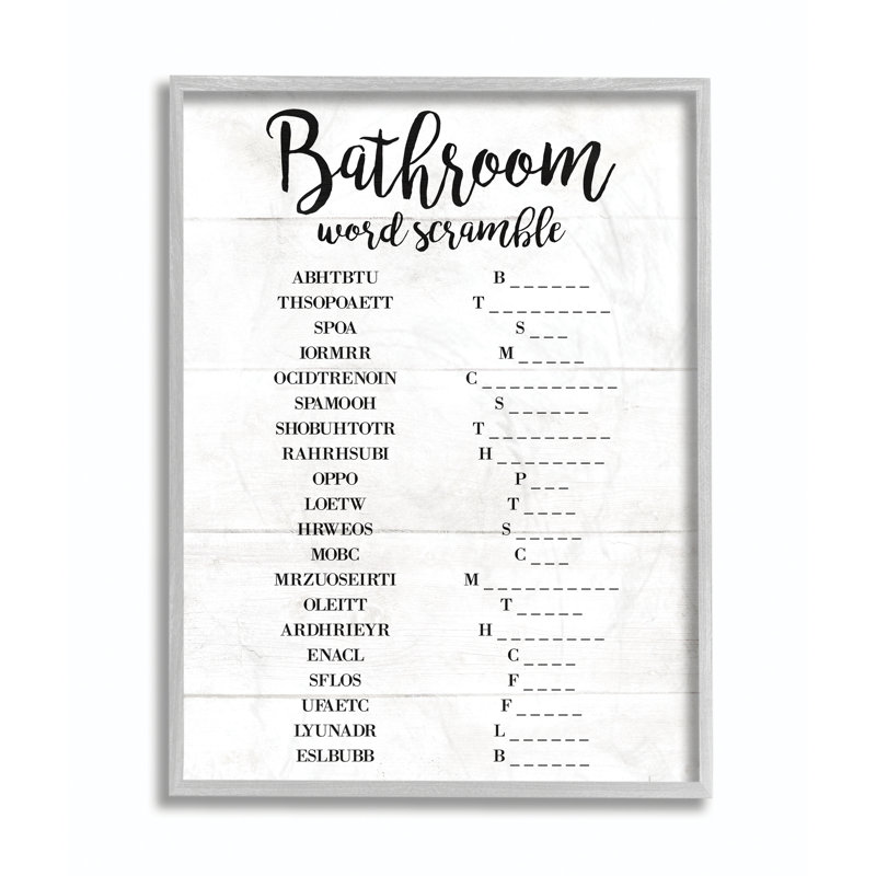 «Bathroom Word Scramble White and Black», impression, H 11 po x l 14 po x P 1,5 po, Estampe numérique Farmhouse
