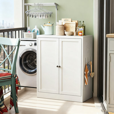 Ensemble de 1 armoire de rangement de cuisine autoportante en métal blanc de 34,6 po - Tablettes réglables (60 lb / tablette) | Sans formaldéhyde, crochets latéraux (l 27,6 po x P 13,8 po) pour cuisine / salle à manger / appartement anti-basculement