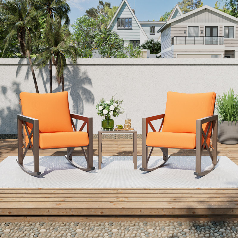 Chaise berçante d'extérieur 3 pièces avec coussins, Orange