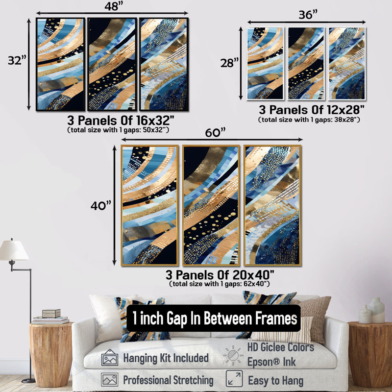 «Summer River Glam Sparkling Gold - Waves», ensemble de reproduction d'art mural, Cadre flottant brun
