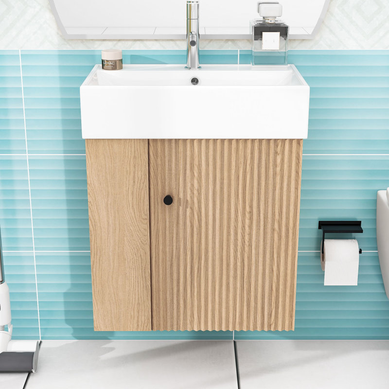 Meuble-lavabo flottant de 21,6 po avec lavabo en céramique, rangement à gauche et porte à fermeture en douceur
