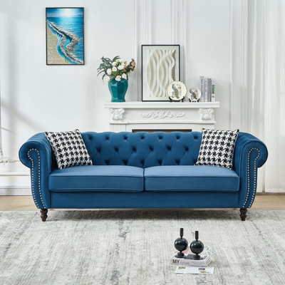 85"Chesterfield ‌Velvet Upholstery Fabric Sofa With Roll Armrest & Nailhead,Upholstered Mid Century Modern Couch,3 Seater Couch
