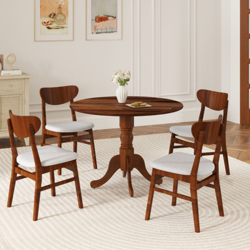 Table de salle à manger en bois avec plateau rond et pieds en tréteaux, Noyer
