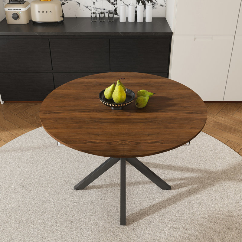 Retractable Dining Table, Round Dining Table, Extendable Dining Table, 6-Person Carbon Base, Modern And Simple Solid Wood Veneer Dining Room Furniture (42 Inches Extended To 58 Inches)