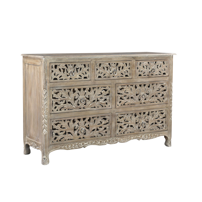 Commode double en bois massif à 7 tiroirs l 57 po Harleen, Gris