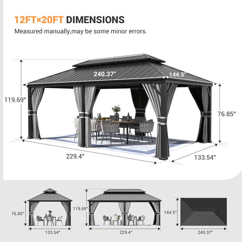 Pavillon de jardin en métal, H 120 po x l 240 po x P 145 po