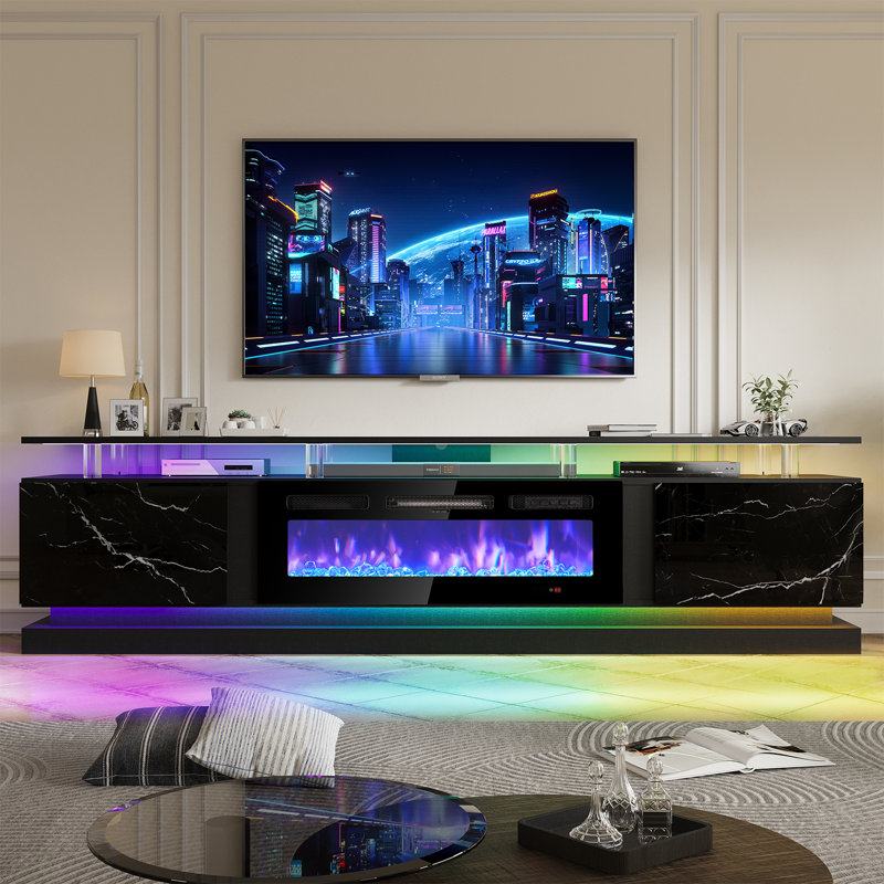 Meuble télé 80 po avec foyer électrique 80 po - 12 couleurs de flamme, DEL synchro musicale, chaleur réglable, pour téléviseurs jusqu'à 90
