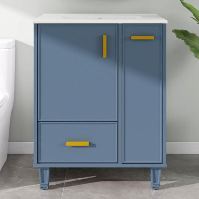 Meuble-lavabo 24 po avec lavabo, meuble de rangement autoportant avec tablette de porte, panier coulissant à 2 niveaux et tiroir profond