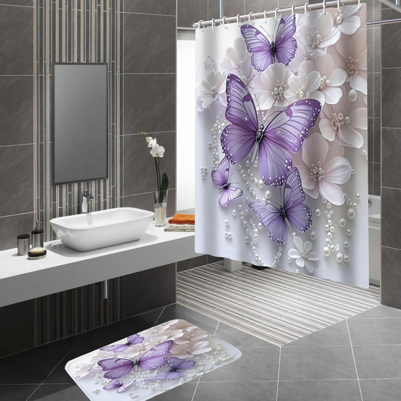 Ensemble de rideau de douche et tapis de salle de bain mauve perle mauve, 4 pièces, mauve