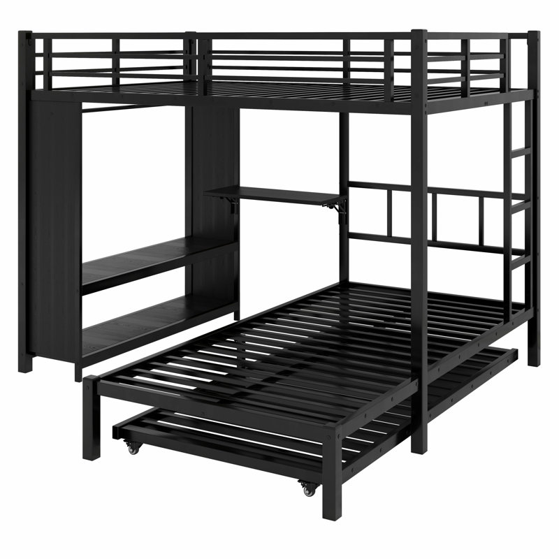 Lit superposé en métal avec garde-robe, lit gigogne, bureau pliable, échelles, Double sur simple