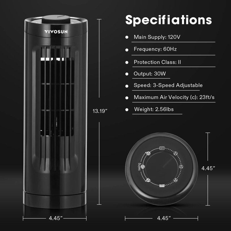 Compact Black Bladeless Oscillating Tower Fan with Three Speed Settings
