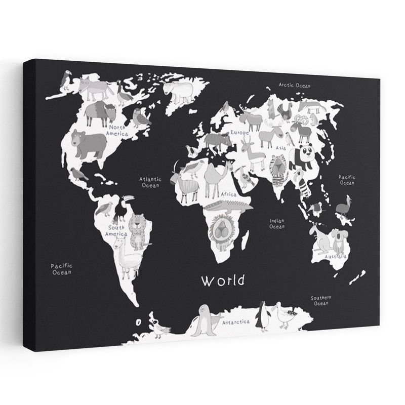 Carte du monde des animaux - Art mural contemporain - Ours, Éléphant, Koala - Nature et faune, H 16 po x l 24 po