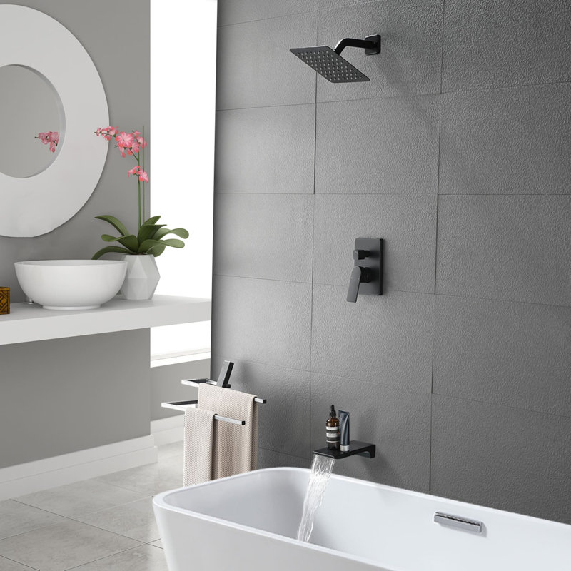 8 Inch Wall Mount Shower System With Tub Spout Single Handle Shower Faucet Set Brass Waterfall Shower Trim Kit With Rough-In Valve