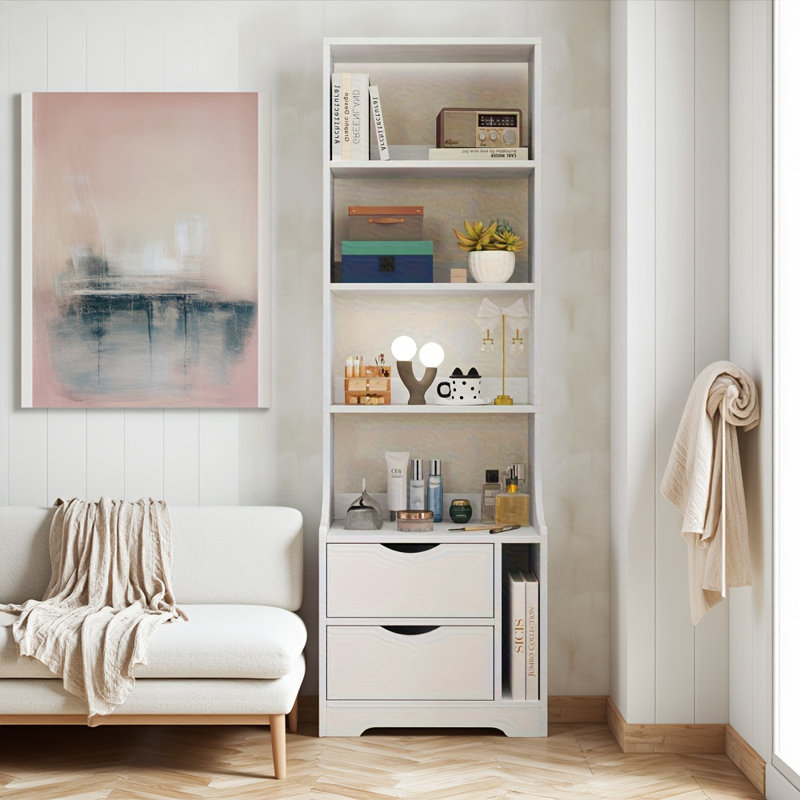 Tall Nightstand With Bookshelf & 2 Drawers, 5-tier Vertical Storage Cabinet For Bedroom, Space-saving Bedside Table For Small Spaces