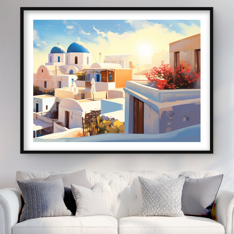 High View of Santorini - Blue Coastal, reproduction d'art encadrée