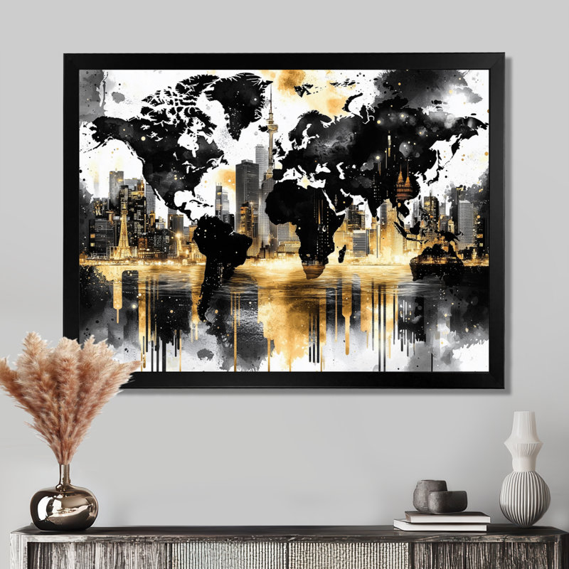 World Map With Landmarks II - World Map Canvas Print, Picture Framed Print, 34" H x 44" W, Black