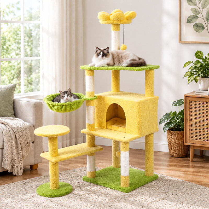 Arbre à chat 56 po avec grand condo, coussin de fleurs amovible et hamac - jaune 56 po