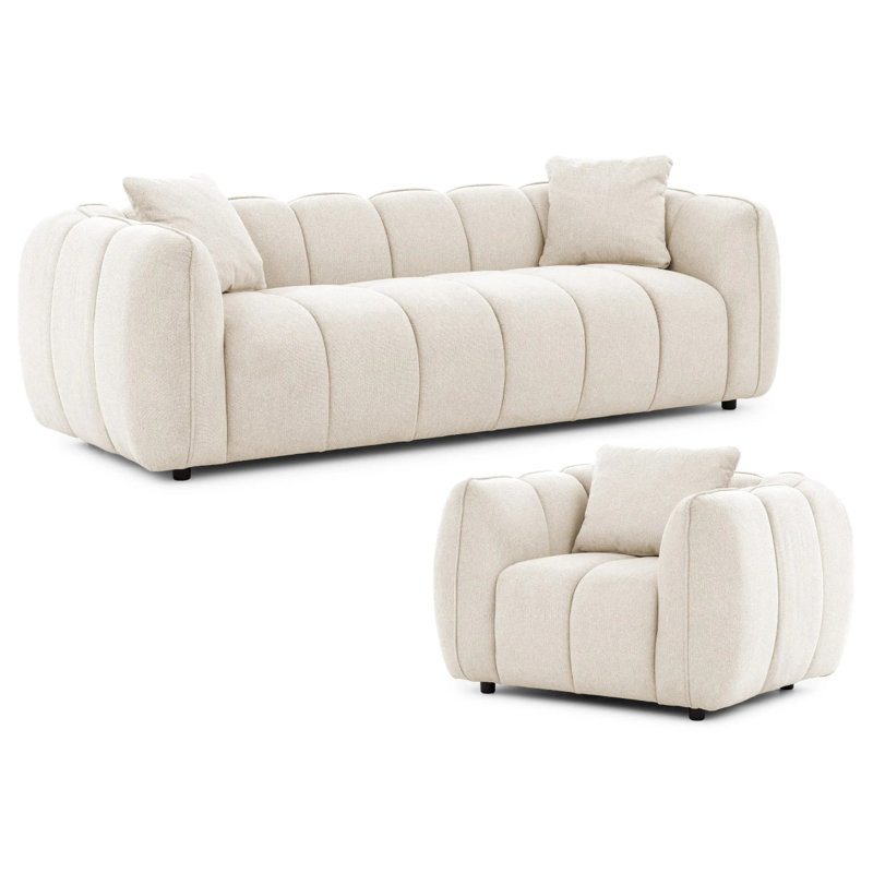 Nubira 2 Piece Chenille Curved Living Room Set, Light Beige