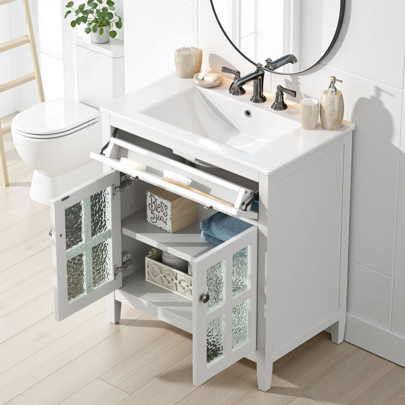 Meuble-lavabo autoportant de 30 po avec lavabo en céramique, portes en verre texturé et plateau basculant, Blanc