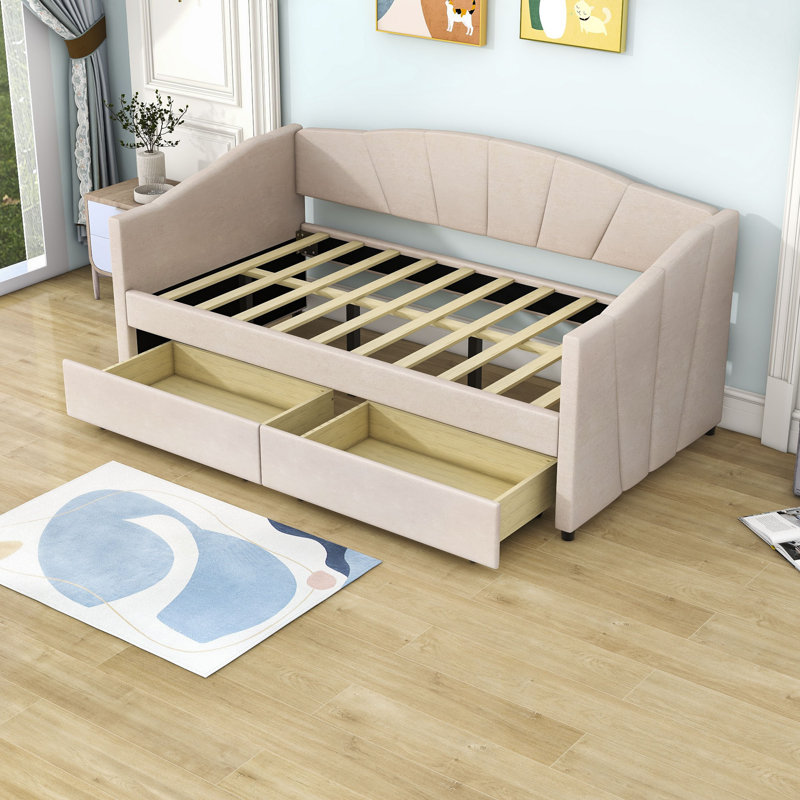 Lit de jour rembourré avec deux tiroirs Shivansh, Beige