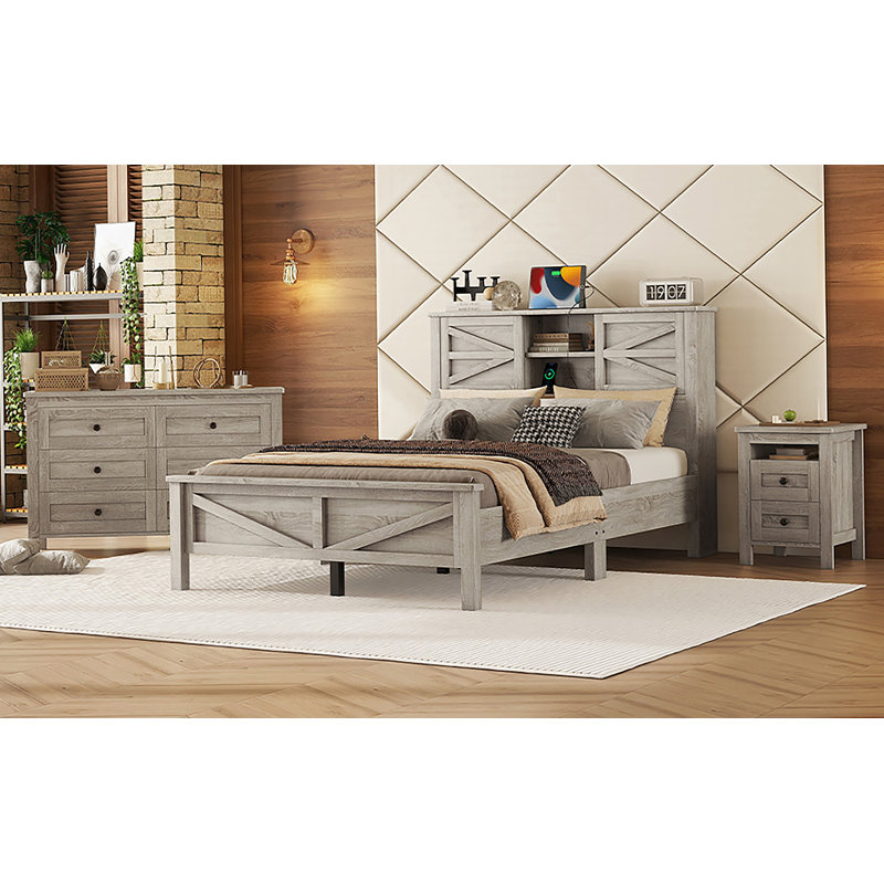 Ensemble de chambre à coucher 3 pièces avec lit plateforme double ferme avec tête de lit double à porte coulissante, Gris
