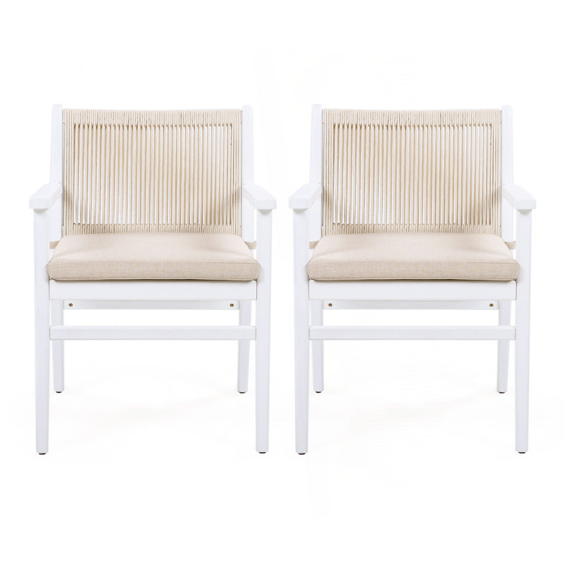 Ensemble de 2 chaises de salle à manger d'extérieur, fauteuil de patio en bois d'acacia avec dossier en corde et coussin hydrofuge, structure blanche, capacité de poids de 400 lb