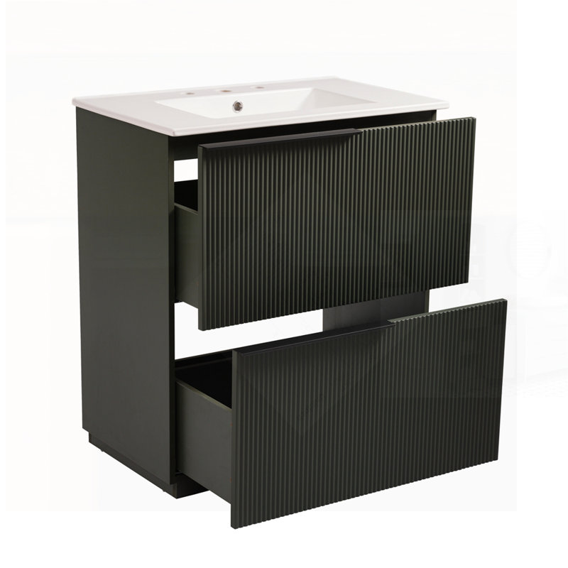 Meuble-lavabo de salle de bain avec lavabo en céramique et tiroirs pleine extension, glissières à fermeture en douceur, conception cannelée, vert