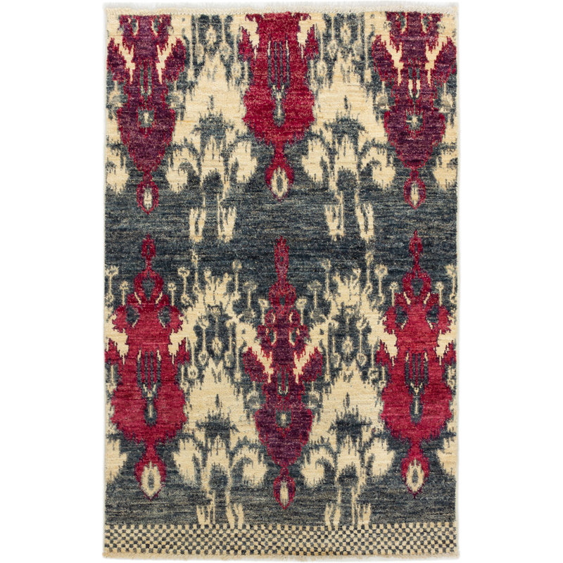 Tapis unique en laine noué à la main rouge / gris 4 pi x 6 pi 1 po années 2010 Valbonne