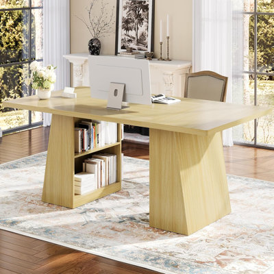 Table de salle à manger moderne de 71 po avec tablette de rangement à 2 niveaux, table de cuisine rectangulaire en bois pour 4 à 8 personnes, table de salle à manger longue, bureau à domicile, cuisine, naturel