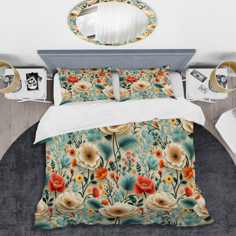 Playful Floral Ivory And Blue Delight - Ensemble de housse de couette à motif floral