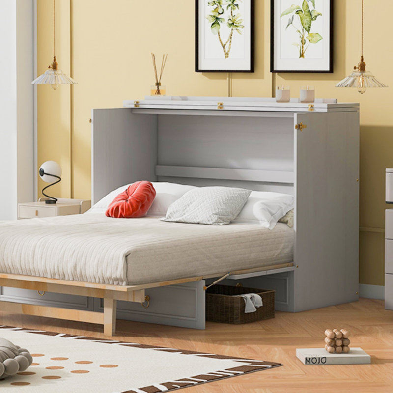 Lit escamotable double avec grands tiroirs, Lit double, Blanc