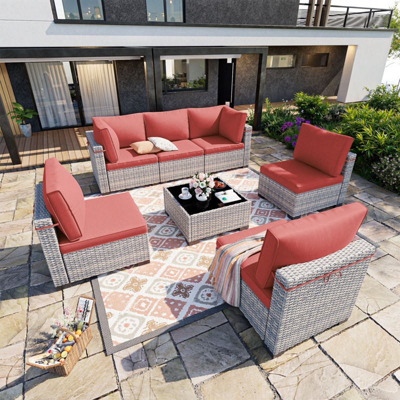 7-Piece Patio Furniture Set, Outdoor Patio Furniture with Thick Cushions, Modular Patio Sofa, Dual-Strand Wicker Rattan, Rust-Resistant Frame, Backyard Furniture for Garden, Deck