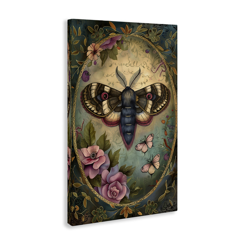 Vintage Moth & Floral Border Canvas, design by The Dutch Lady, 24" H x 16" W