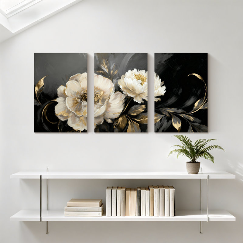 Pivoine, fleurs blanches, feuilles d'or, fond noir, ensemble de 3 impressions sur toile, H 18 po x l 36 po