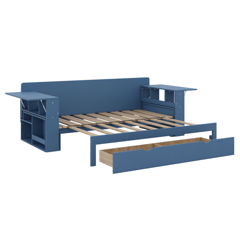 Lit de jour avec bureau amovible, tiroirs de rangement et table d'appoint hydraulique, Bleu