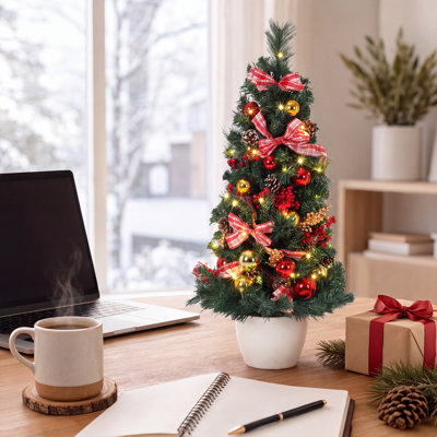 36 Inch Tabletop Pre‑Lit PVC Christmas Tree with LED Lights, Timer and 8 Lighting Modes, Decorated with Red Berries and Satin Ribbon for Mantel and Desk Holiday Decor