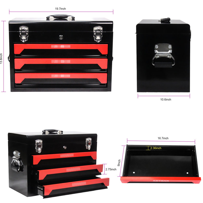 Boîte à outils 20 po à 3 tiroirs en acier, noir et rouge, glissière à roulement, loquet en métal, option de rangement polyvalent portable noir et rouge, fabrication fiable