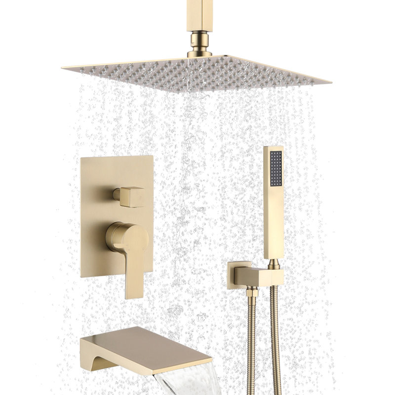 Robinet de douche à pluie et système 10 "brossé doré avec douchette cascade et pomme de douche à main